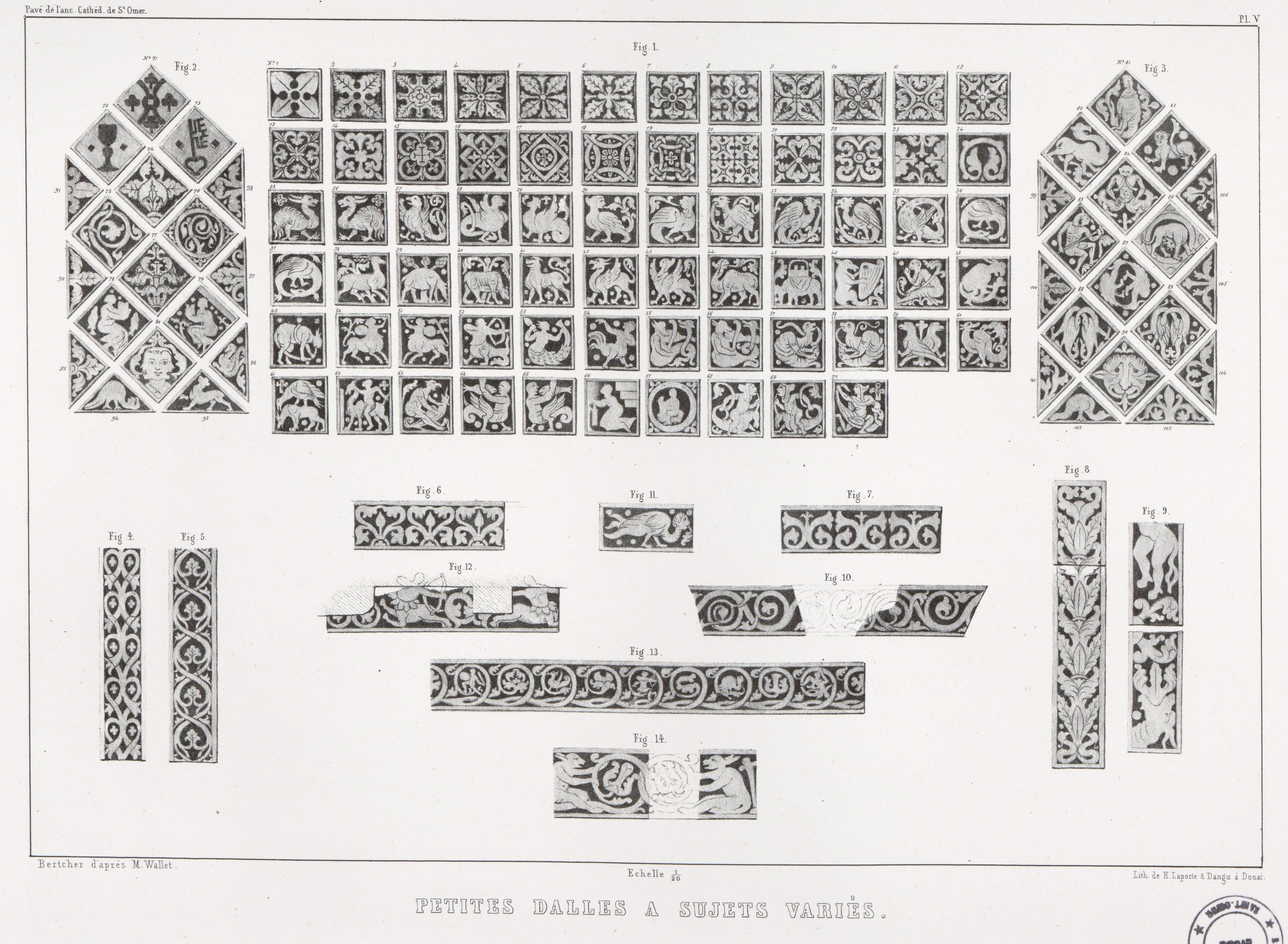 Planche V : Petites dalles à sujets variés, Bertcher d’après M. Wallet, lithographie de H. Laporte et Dangu (CPE 653-79 bis/5)